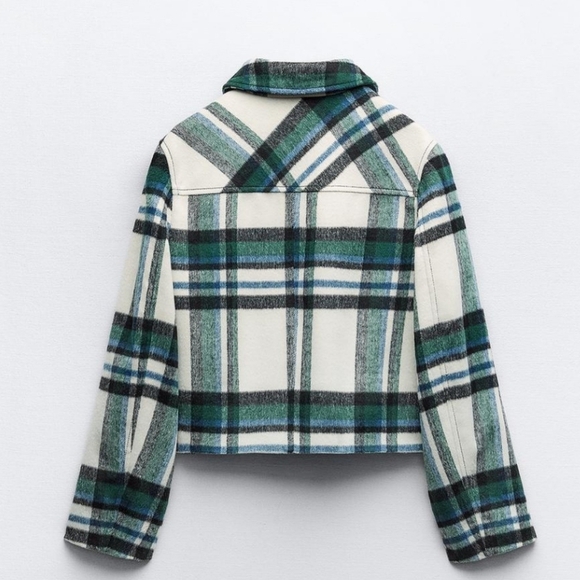 New Zara Plaid Patch Pocket Ecru/Green Shacket Jacket NWT - Picture 8 of 11